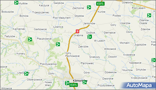 mapa Zakrzów gmina Klimontów, Zakrzów gmina Klimontów na mapie Targeo