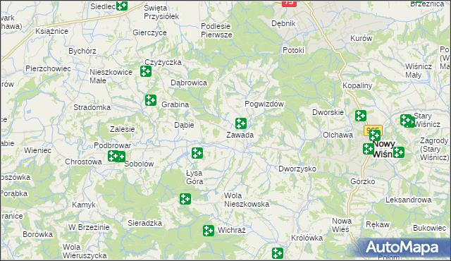 mapa Zawada gmina Bochnia, Zawada gmina Bochnia na mapie Targeo