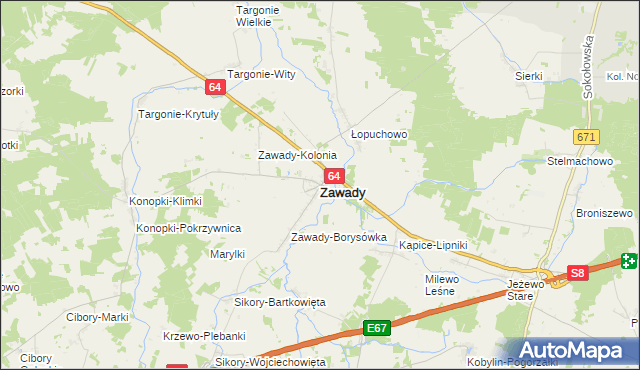 mapa Zawady powiat białostocki, Zawady powiat białostocki na mapie Targeo