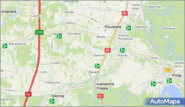 mapa Zawisna gmina Kamienica Polska, Zawisna gmina Kamienica Polska na mapie Targeo