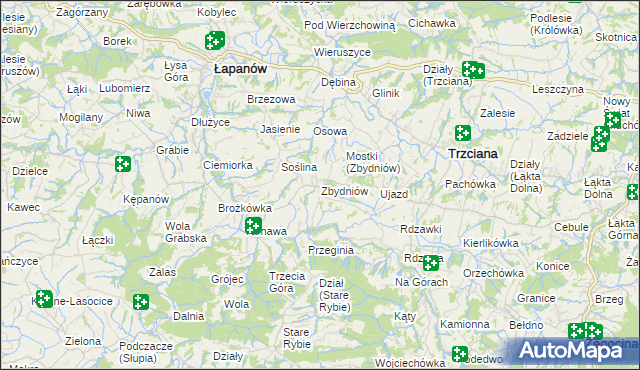 mapa Zbydniów gmina Łapanów, Zbydniów gmina Łapanów na mapie Targeo