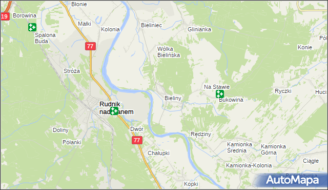 mapa Bieliny gmina Ulanów, Bieliny gmina Ulanów na mapie Targeo