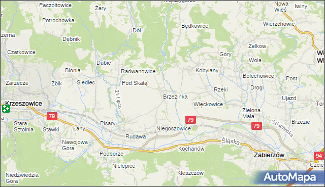 mapa Brzezinka gmina Zabierzów, Brzezinka gmina Zabierzów na mapie Targeo