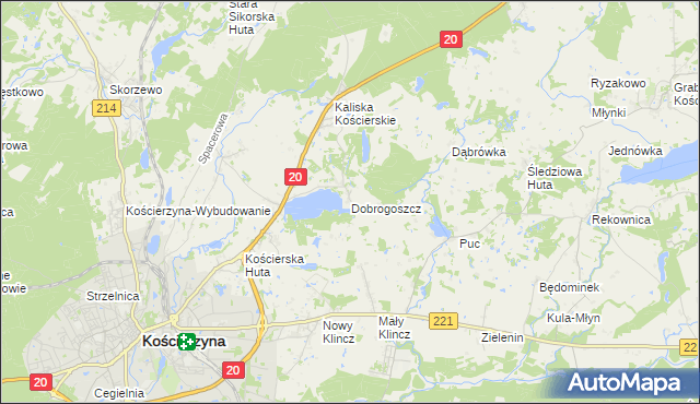 mapa Dobrogoszcz gmina Kościerzyna, Dobrogoszcz gmina Kościerzyna na mapie Targeo