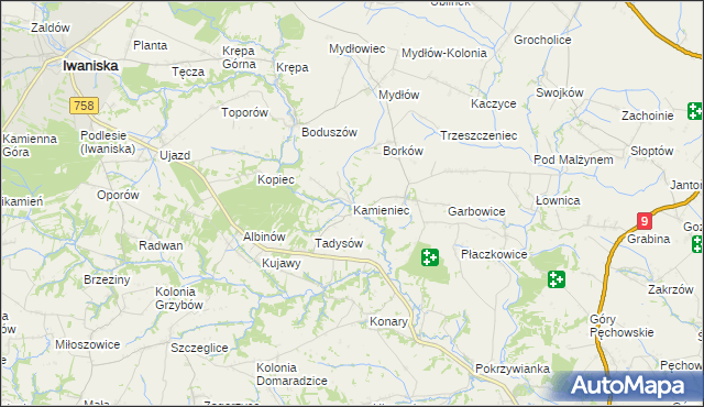 mapa Kamieniec gmina Iwaniska, Kamieniec gmina Iwaniska na mapie Targeo