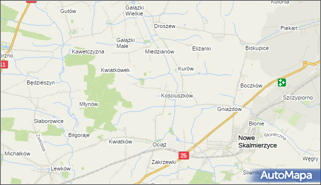 mapa Kościuszków gmina Nowe Skalmierzyce, Kościuszków gmina Nowe Skalmierzyce na mapie Targeo