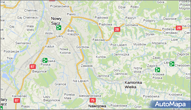 mapa Kunów gmina Chełmiec, Kunów gmina Chełmiec na mapie Targeo