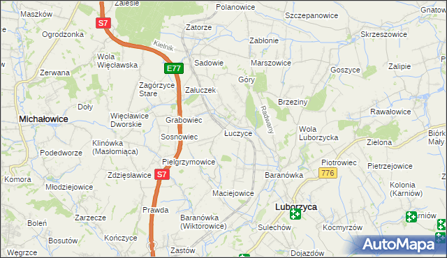 mapa Łuczyce gmina Kocmyrzów-Luborzyca, Łuczyce gmina Kocmyrzów-Luborzyca na mapie Targeo
