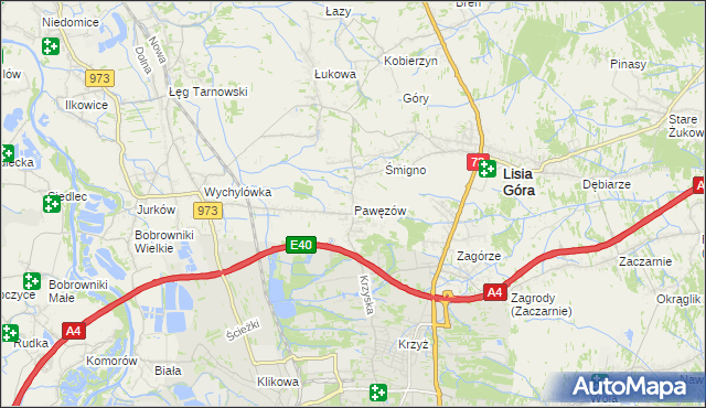 mapa Pawęzów gmina Lisia Góra, Pawęzów gmina Lisia Góra na mapie Targeo