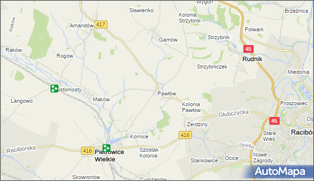 mapa Pawłów gmina Pietrowice Wielkie, Pawłów gmina Pietrowice Wielkie na mapie Targeo