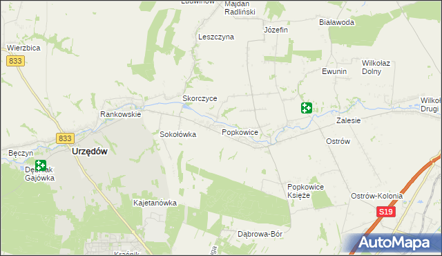mapa Popkowice gmina Urzędów, Popkowice gmina Urzędów na mapie Targeo