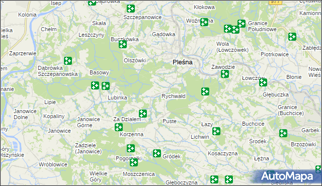 mapa Rychwałd gmina Pleśna, Rychwałd gmina Pleśna na mapie Targeo