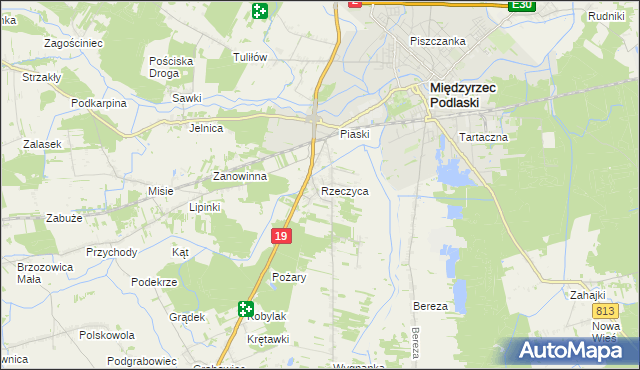 mapa Rzeczyca gmina Międzyrzec Podlaski, Rzeczyca gmina Międzyrzec Podlaski na mapie Targeo