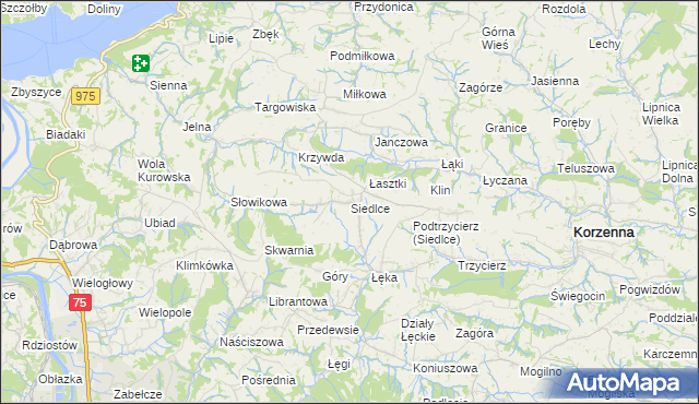 mapa Siedlce gmina Korzenna, Siedlce gmina Korzenna na mapie Targeo