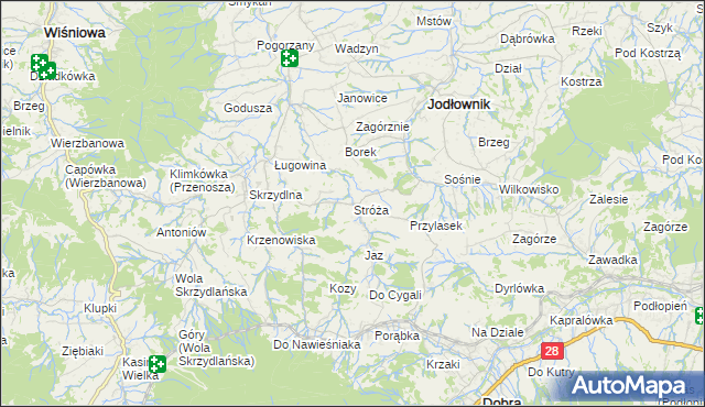 mapa Stróża gmina Dobra, Stróża gmina Dobra na mapie Targeo