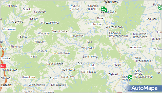 mapa Węglówka gmina Wiśniowa, Węglówka gmina Wiśniowa na mapie Targeo