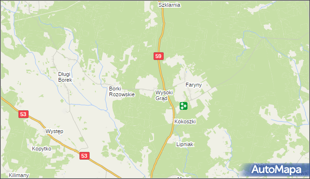 mapa Wysoki Grąd gmina Rozogi, Wysoki Grąd gmina Rozogi na mapie Targeo