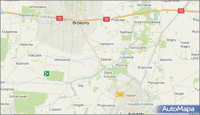 mapa Zalesie gmina Brzeziny, Zalesie gmina Brzeziny na mapie Targeo