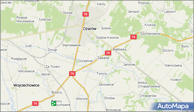 mapa Zawada gmina Ożarów, Zawada gmina Ożarów na mapie Targeo