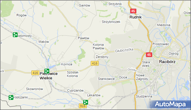 mapa Żerdziny gmina Pietrowice Wielkie, Żerdziny gmina Pietrowice Wielkie na mapie Targeo