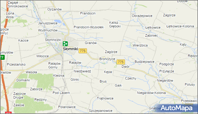 mapa Brończyce gmina Słomniki, Brończyce gmina Słomniki na mapie Targeo