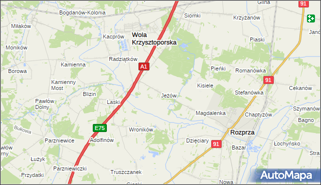 mapa Jeżów gmina Wola Krzysztoporska, Jeżów gmina Wola Krzysztoporska na mapie Targeo