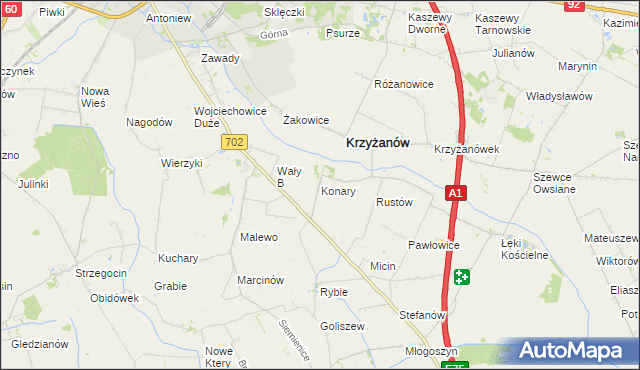 mapa Konary gmina Krzyżanów, Konary gmina Krzyżanów na mapie Targeo
