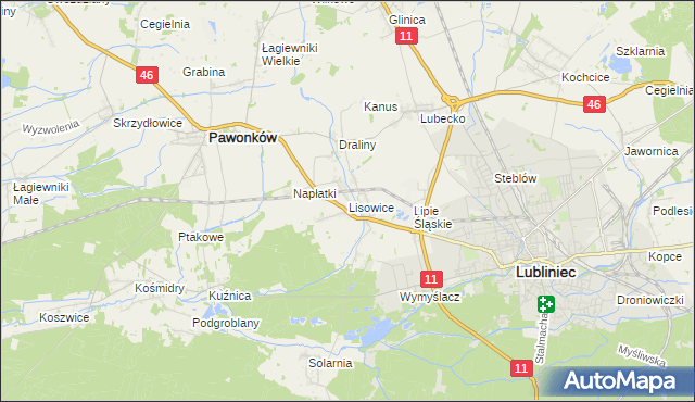 mapa Lisowice gmina Pawonków, Lisowice gmina Pawonków na mapie Targeo