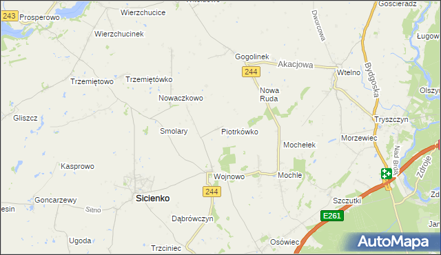 mapa Piotrkówko gmina Sicienko, Piotrkówko gmina Sicienko na mapie Targeo