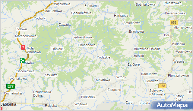 mapa Podszkle gmina Czarny Dunajec, Podszkle gmina Czarny Dunajec na mapie Targeo
