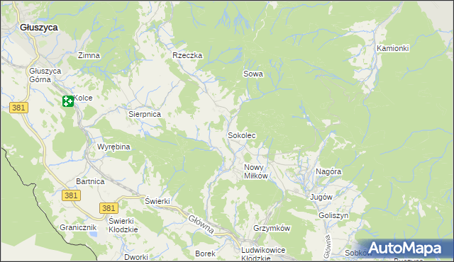 mapa Sokolec gmina Nowa Ruda, Sokolec gmina Nowa Ruda na mapie Targeo