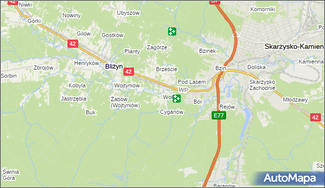 mapa Wołów gmina Bliżyn, Wołów gmina Bliżyn na mapie Targeo