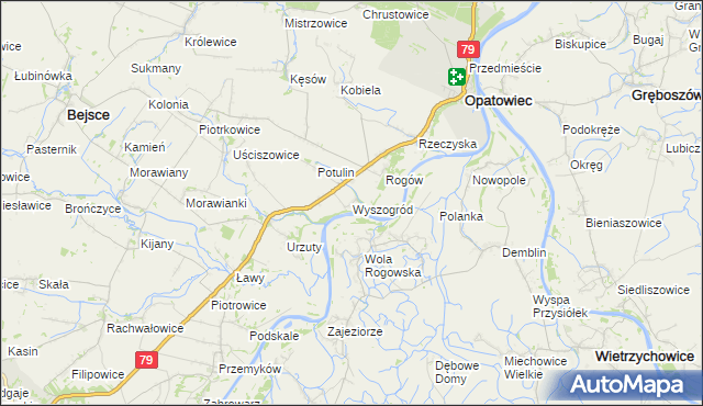 mapa Wyszogród gmina Opatowiec, Wyszogród gmina Opatowiec na mapie Targeo