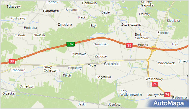 mapa Zagórze gmina Sokolniki, Zagórze gmina Sokolniki na mapie Targeo