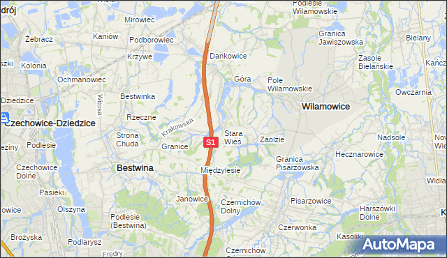 mapa Stara Wieś gmina Wilamowice, Stara Wieś gmina Wilamowice na mapie Targeo