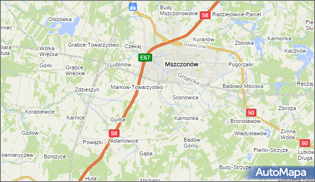 mapa Wymysłów gmina Mszczonów, Wymysłów gmina Mszczonów na mapie Targeo