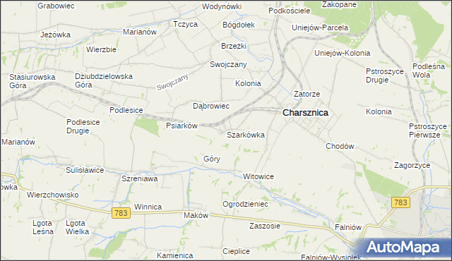 mapa Szarkówka gmina Charsznica, Szarkówka gmina Charsznica na mapie Targeo