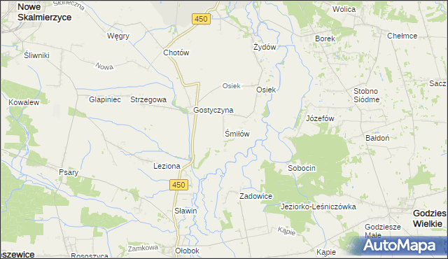 mapa Śmiłów gmina Nowe Skalmierzyce, Śmiłów gmina Nowe Skalmierzyce na mapie Targeo