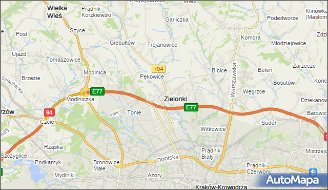 mapa Zielonki powiat krakowski, Zielonki powiat krakowski na mapie Targeo