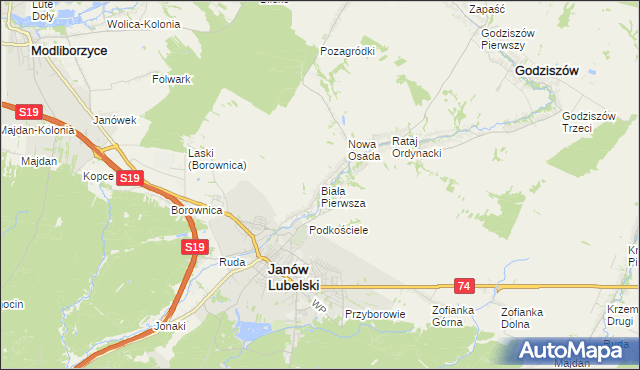 mapa Biała Pierwsza gmina Janów Lubelski, Biała Pierwsza gmina Janów Lubelski na mapie Targeo