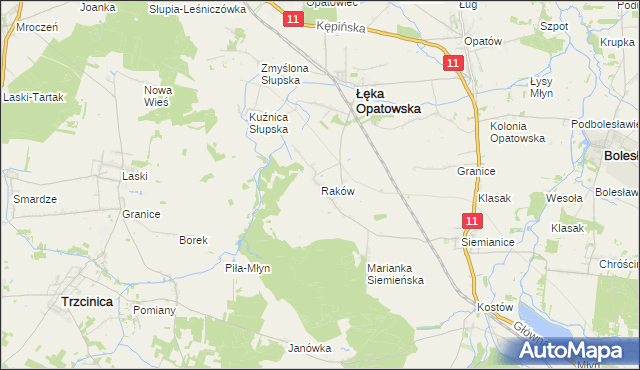 mapa Raków gmina Łęka Opatowska, Raków gmina Łęka Opatowska na mapie Targeo