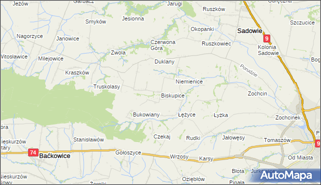 mapa Biskupice gmina Sadowie, Biskupice gmina Sadowie na mapie Targeo