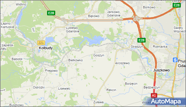 mapa Goszyn gmina Pruszcz Gdański, Goszyn gmina Pruszcz Gdański na mapie Targeo