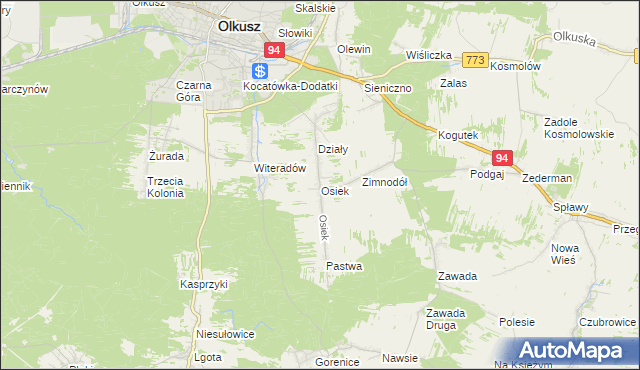 mapa Osiek gmina Olkusz, Osiek gmina Olkusz na mapie Targeo