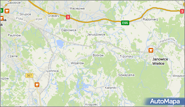 mapa Bobrów gmina Mysłakowice, Bobrów gmina Mysłakowice na mapie Targeo