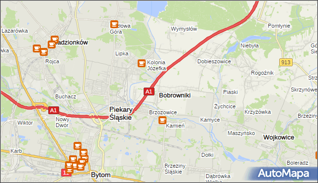 mapa Bobrowniki powiat będziński, Bobrowniki powiat będziński na mapie Targeo
