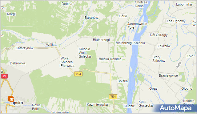 mapa Boiska-Kolonia gmina Solec nad Wisłą, Boiska-Kolonia gmina Solec nad Wisłą na mapie Targeo