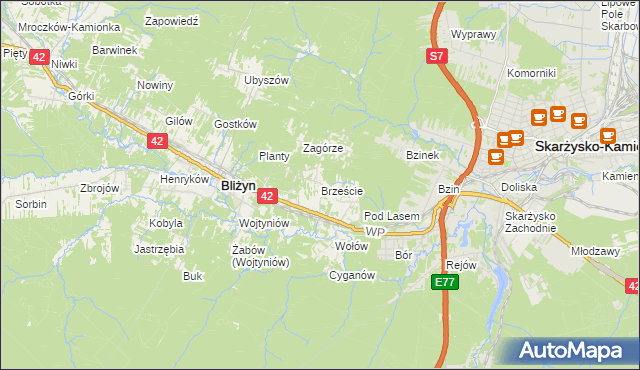 mapa Brzeście gmina Bliżyn, Brzeście gmina Bliżyn na mapie Targeo
