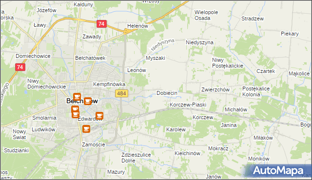 mapa Dobiecin gmina Bełchatów, Dobiecin gmina Bełchatów na mapie Targeo