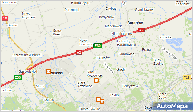 mapa Feliksów gmina Wiskitki, Feliksów gmina Wiskitki na mapie Targeo